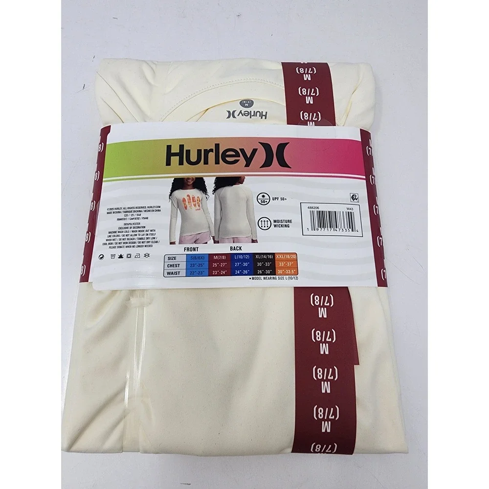 Hurley Girls Long Sleeve‎ UPF Swim Top Cream Polyester Relaxed Size Medium 7/8